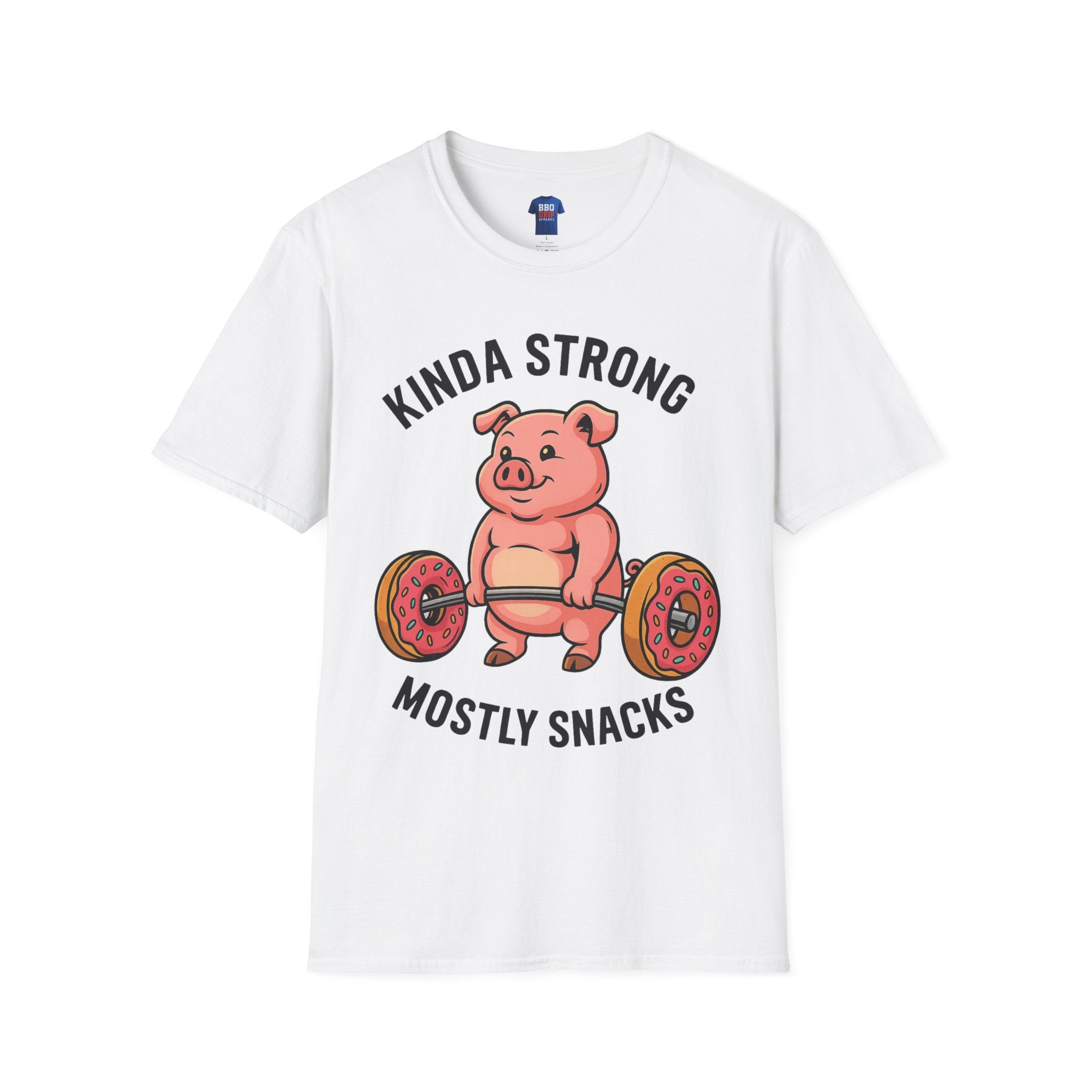 Kinda Strong Mostly Snacks, Funny Gym Shirt, Fitness Humor Tee, Workout Motivation Shirt, Unisex Softstyle T-Shirt