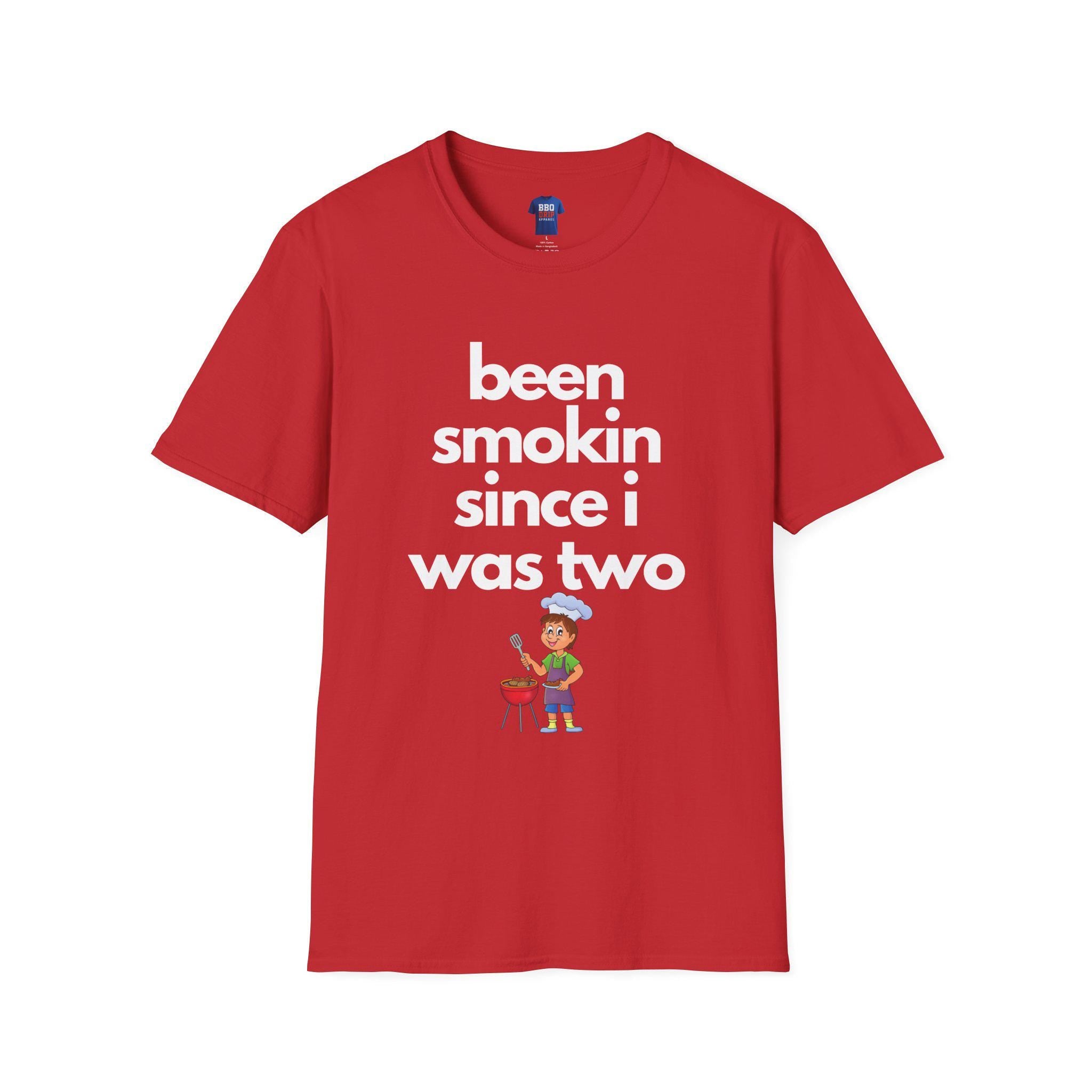 BBQ Humor T-Shirt: "Been Smokin Since Two" Unisex Softstyle Tee