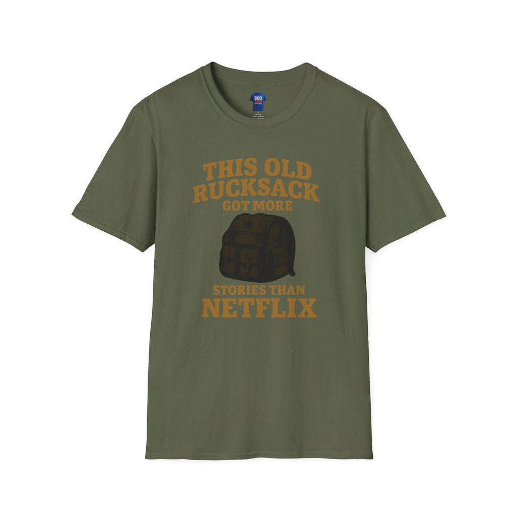 Proud Veteran T-Shirt: This Old Rucksack Got More Stories Than Netflix, Unisex Softstyle T-Shirt