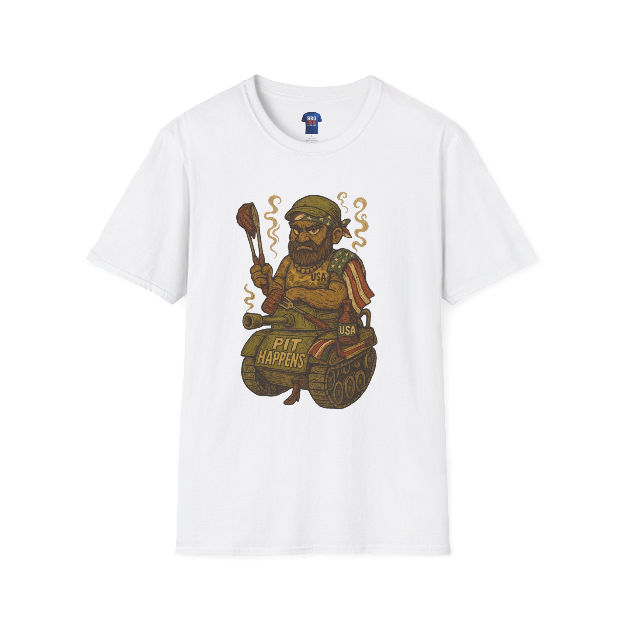 Patriotic T Shirt: Pit Happens, BBQ humor, Bbq Tee, Bbq T Shirt, Pitmaster, BBQ Dad, Bbq Cook, Griller T-shirt, Unisex Softstyle T-Shirt