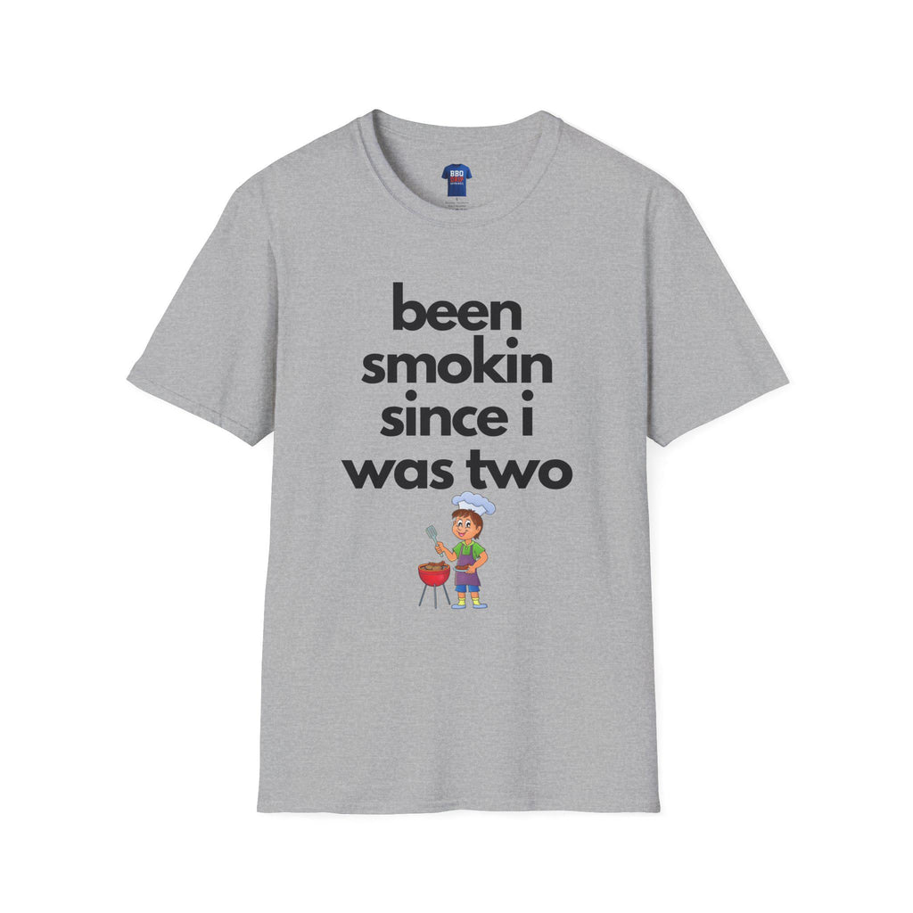 BBQ Humor T-Shirt: "Been Smokin Since Two" Unisex Softstyle Tee