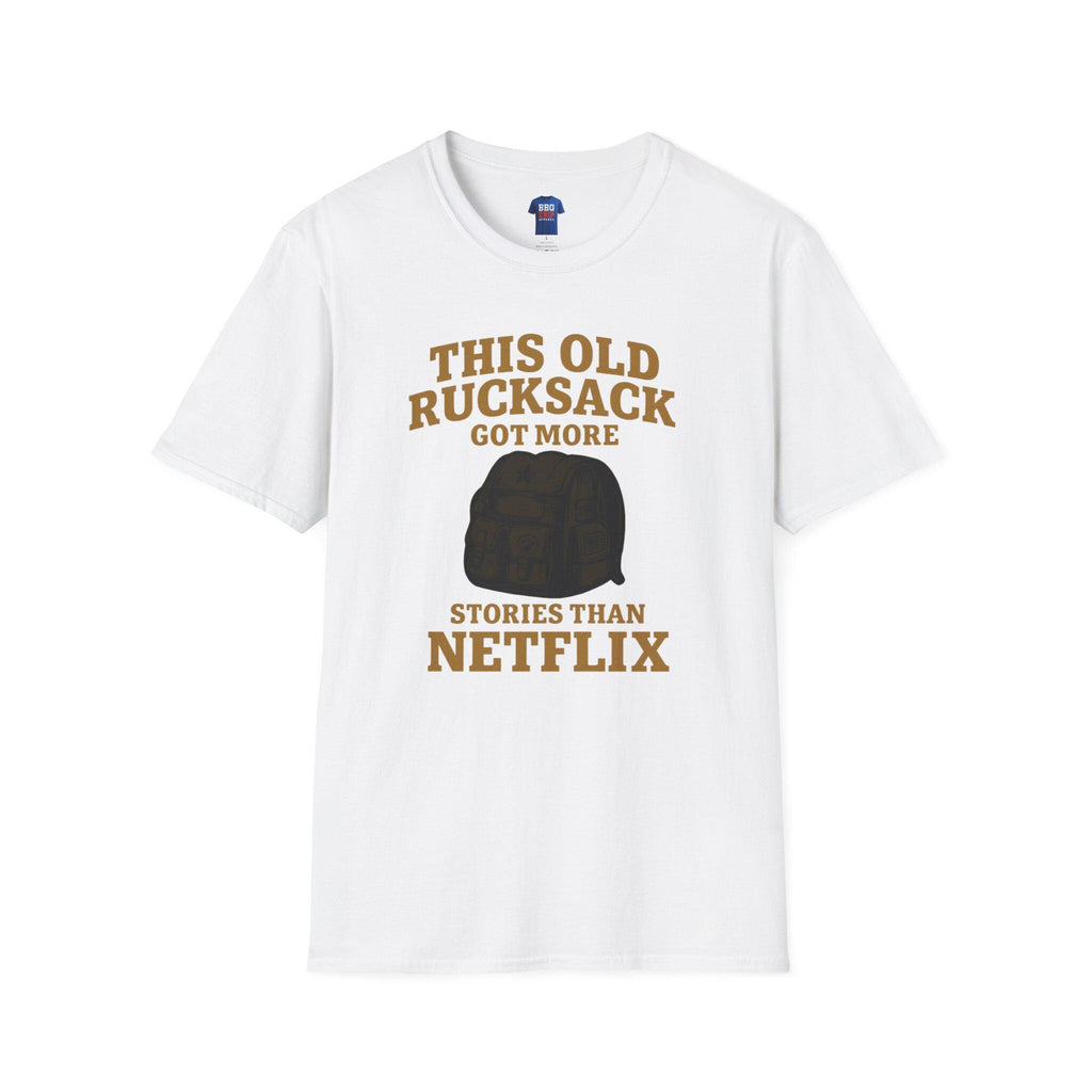 Proud Veteran T-Shirt: This Old Rucksack Got More Stories Than Netflix, Unisex Softstyle T-Shirt